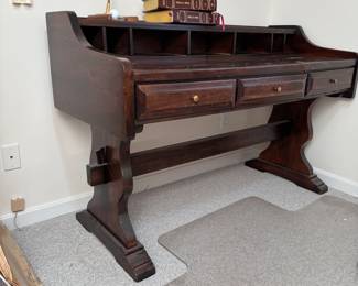 Solid wood desk with trestle leg, 3 drawers, some scratches on the surface 36"H x 58"W x 23"D
