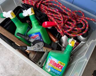 Container of small yard tools, rope, outdoor windex