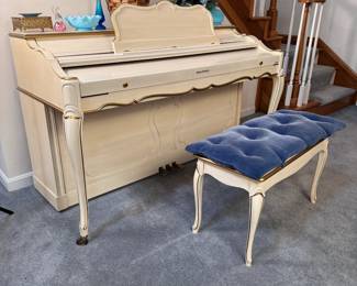 Baldwin Acrosinic upright spinet piano and bench, plays well, overall nice condition with very minor wear to finish