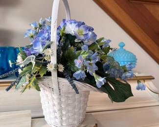 White basket with blue and white arrangement 12"H