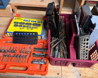 Assortment of drill bits, hole saw set, screwdriver bits