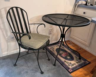 Black metal 30"W patio table and single chair with mesh top and seat, sturdy