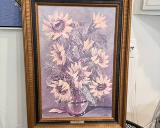 Lithograph of 'Sunflowers' by L. Ritter, faded, wooden frame 28" x 23"