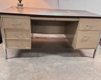 Vintage metal office desk with storage, pencil, file drawers, laminate top, some wear 29"H x 60"L x 30"D