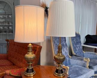 Pair of Stiffell brass and black table lamps with different shades, lit lamp on left is 36"H