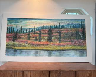 Colorful landscape on board, custom wood frame, unsigned, 27"H x 53"W