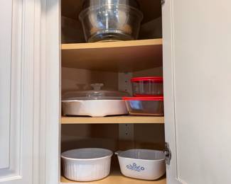 Group of baking dishes, glass storage, metal bowls