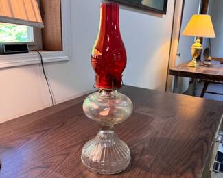 P&A oil lamp with red shade 18"H