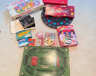 Vintage games including Tripoley, cards, and dominos 
