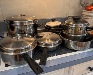 Vintage pots and pans (most are Cook Master) many lids do not have handles