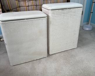 Two vintage white padded top hampers, some wear to both, tallest is 24" x 18"