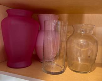 Group of flower vases, pink and clear