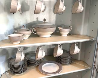 Tirschenreuth Dawn grey and white china with silver edge, cups, saucers, sugar, creamer, casserole, small bowls & plates (no dinner plates) 