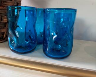 Set of 4 blue Blenko glass dimpled tumblers 4.5"H