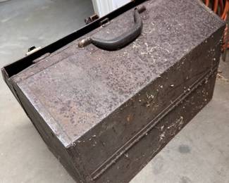 Vintage steel toolbox, some oxidation overall and some oxidized holes in bottom 13"H x 17"L