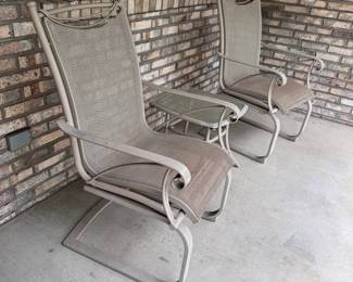 Tan metal patio set with mesh seats and side table, shows some wear to finish, chairs are 24"W, table 16"W