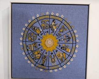 Needlepoint zodiac with white wood frame 19" x 19"