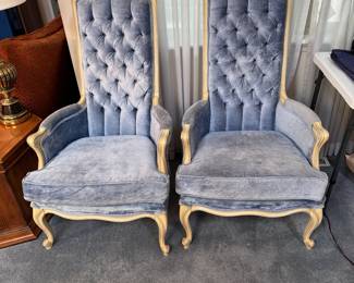 Pair of vintage Broyhill Premier high-back tufted blue armchairs, some wear, one has a repaired leg 44"H x 24"W