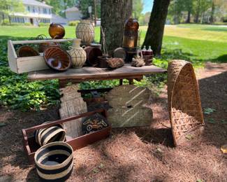 Vintage large winnowing basket, tool trugs, copper sieves, and more