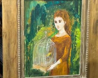 Girl With Bird Cage Signed Oil