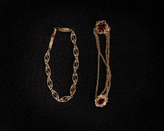 14K Gold Ornate Bracelet | 14K Gold Bracelet with Purple Amethyst and Garnet
