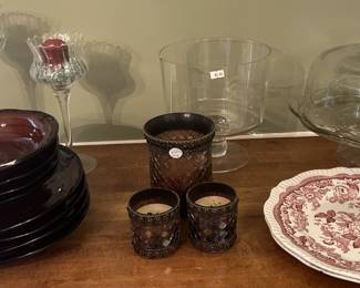 Red Dishes, Cake Plate, Candle Holders