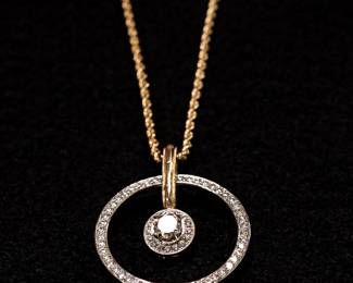14K Gold Necklace with Circle Pendent and Round Cut Diamond