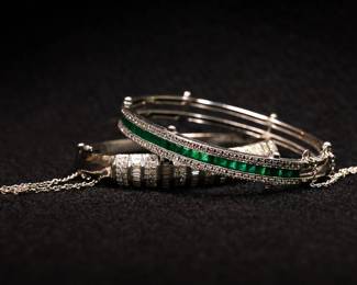 14K White Gold Bangles - One with 3 Rows of Diamond  Emeralds | Second with Princess Cut and Bagget Cut Diamonds