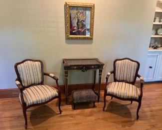 Gilt wood display table, pair of chairs