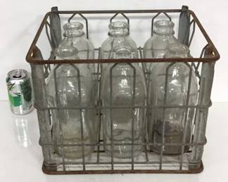 Antique Metal Milk Crate with (6) Glass Decanters