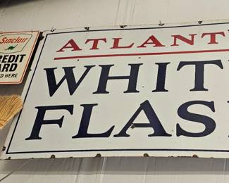 1930's Porcelain Atlantic White Flash Sign. Large one white reverse. ..........TO ATTEND PRE-SALE- DATES TEXT 850 508 3755