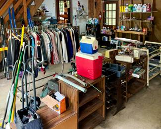 Garage - coolers, cleaning supplies, more ladies clothing