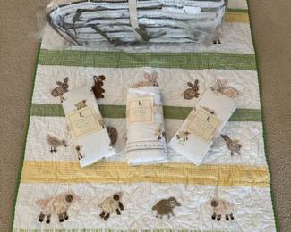 Pottery Barn Kids ‘Cotton Tail Friends’ quilt, bed skirt & 2 fitted sheets and ‘Sweet Lambie’ bumper, New With Tags