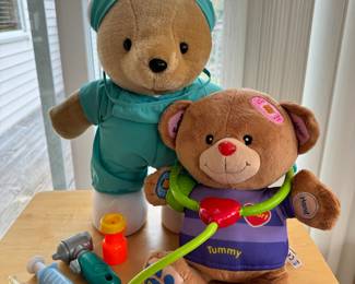 1980’s Dakin Dr. Teddy Bear M.D. Surgeon Bear, Vtech Care & Learn Teddy and children’s Dr. tools