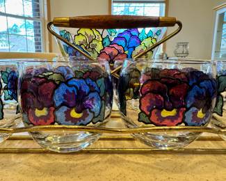 Mid Century lowball ‘Poppy’ glass set with caddy and coordinating bowl by Pasinski