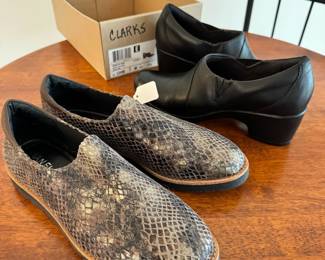 New ladies Clark’s ‘Genette Port’ black leather slip-ons and Like New Vaneli faux snakeskin shoes, Size 7