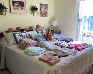 Queen Bed with mattress & box spring. Linens, Pillows , Ladies Hats & more ! 