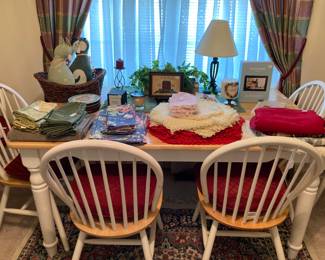Dining Room table & 6 chairs . Kitchen Linens 