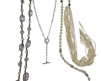 Costume Jewelry Clear Faceted Beaded Jute String Beach Necklace Pearl Look Seed Bead & Silver Chain