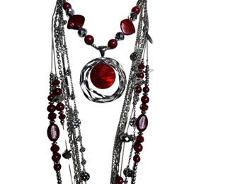 Costume Jewelry Red Beads Stones Silver Chunky Set & More