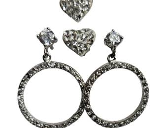 Fine Jewelry 925 Hoop & Heart Shaped Earrings Rhinestones 4.2 Grams Total Weight