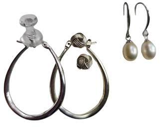 Fine Jewelry 925 Earrings 3 Pairs Hoops Posts Pearl 8.2 Grams Total Weight