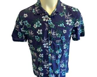 M Jachs New York Hawaiian Print Navy Blue Teal Classic Fit Short Sleeve