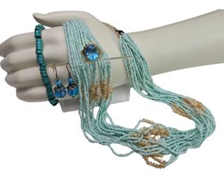 Costume Jewelry Blue Seed Beads Murano Glass Earrings Statement Gold Aqua Ring