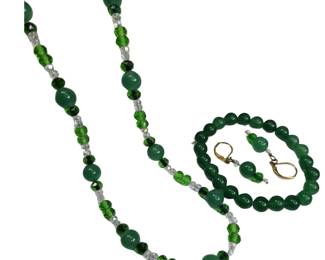 Costume Jewelry Glass Marble Green Faceted Necklace Earrings & Bracelet