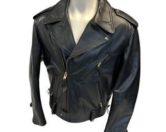 46 Black Leather Motorcycle Jacket MR-S Lace Sides Zip Front Pockets Belted Waist Snap Loops