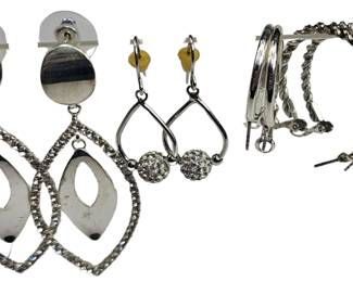 Costume Jewelry Lot Silver Hoop Earrings Dangles 5 Pairs Pierced