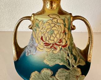 Magnificent Nippon 1900's Hand Painted "Pink Flower" Coralene Floral Vase