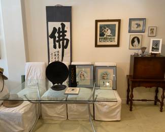 Glass dining table with metal base, bishop chairs with slipcovers, excellent condition 