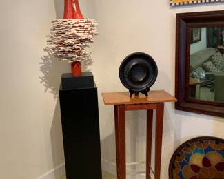 Antique stain glass circle, pedestal table multiple media, framed mirror